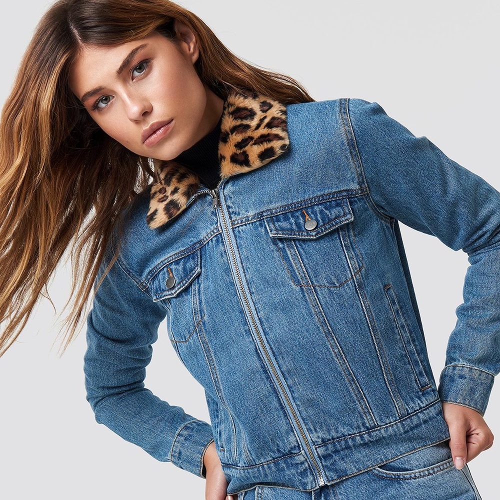XLE the Label Chloe Denim Jacket with Cheetah Fur Collar